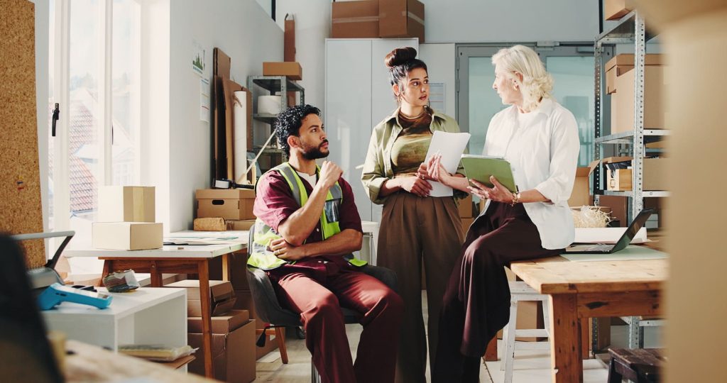 Entrepreneurs échangeant autour d'un projet professionnel dans des locaux d'entreprise, illustrant un prêt professionnel.